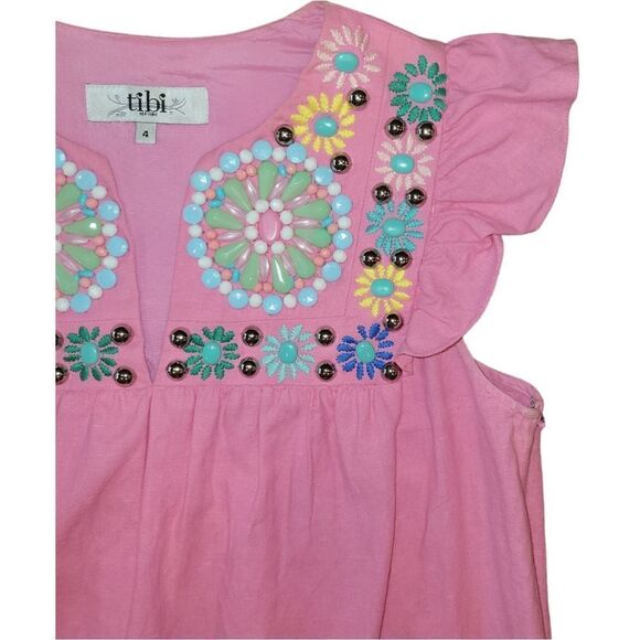 Tibi Flutter Sleeve Beaded Embroidered Linen Cotton Mexican Style Top Pink 4 - Picture 5 of 11